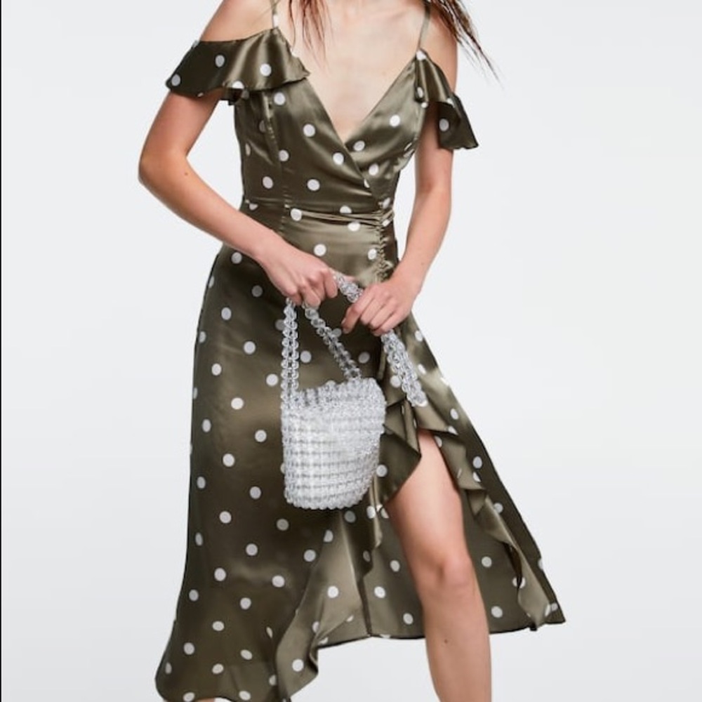 Olive Green Polka Dot Cold Shoulder Dress